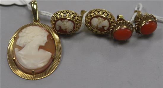 A 9ct gold cameo pendant & two pairs of 9ct gold earrings including coral.